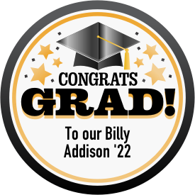 Congrats Grad package design example with the text 'Congrats grad! To our Billy Addison '22'