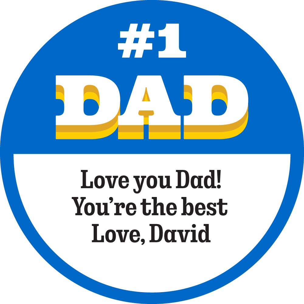 Father's Day package design example with the text 'Love you Dad! You're the best. Love, David'